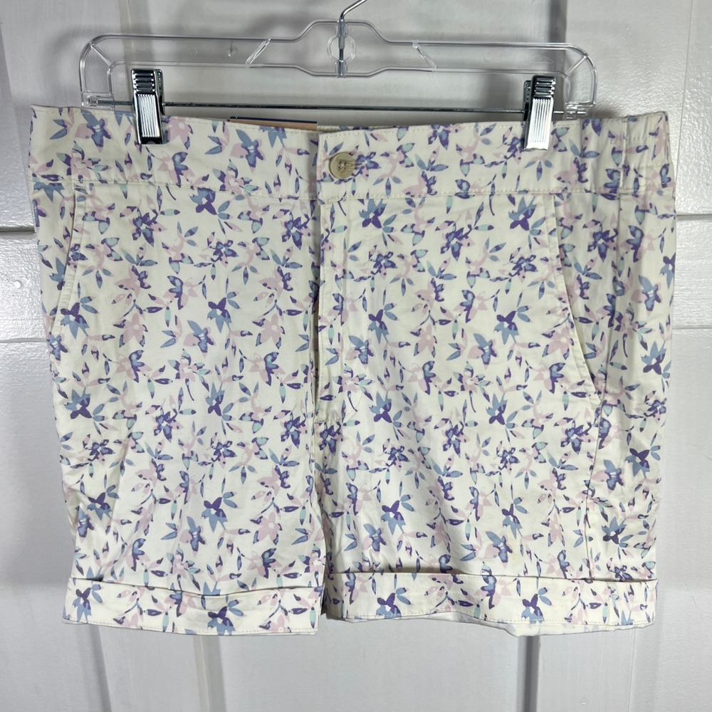 Jachs Girlfriend Stretch Chino Shorts White Floral Elastic‎ Waistband Size L